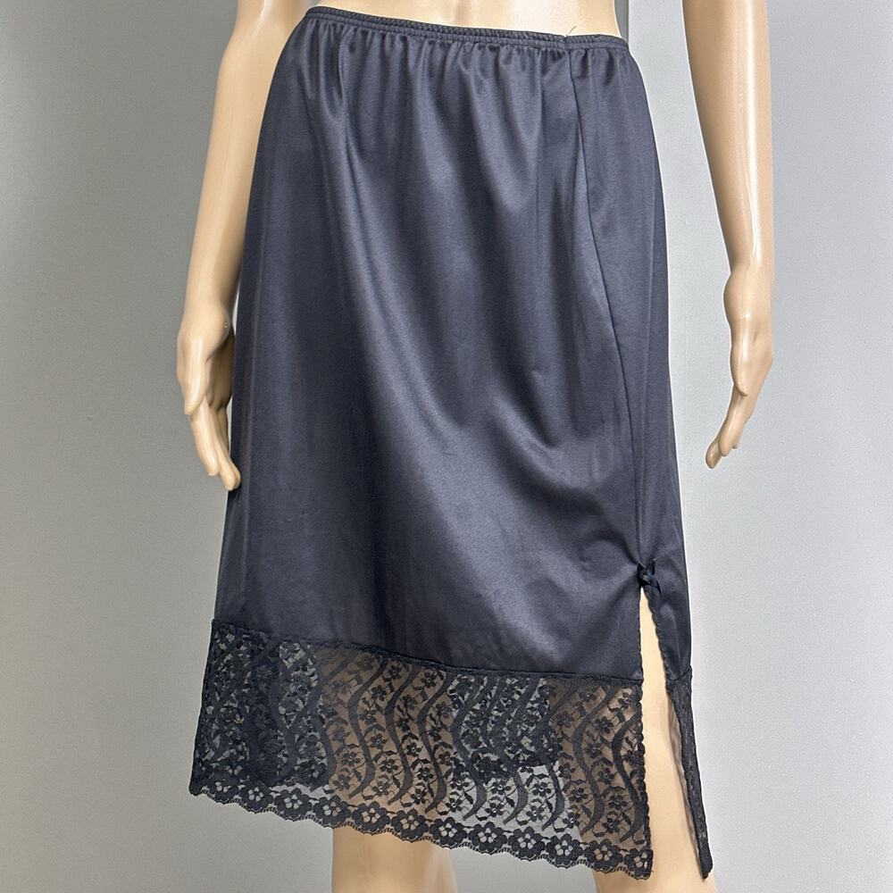 Vintage Vassarette Half Slip Skirt Size Large Black Wide Lace Slit Bow USA Made